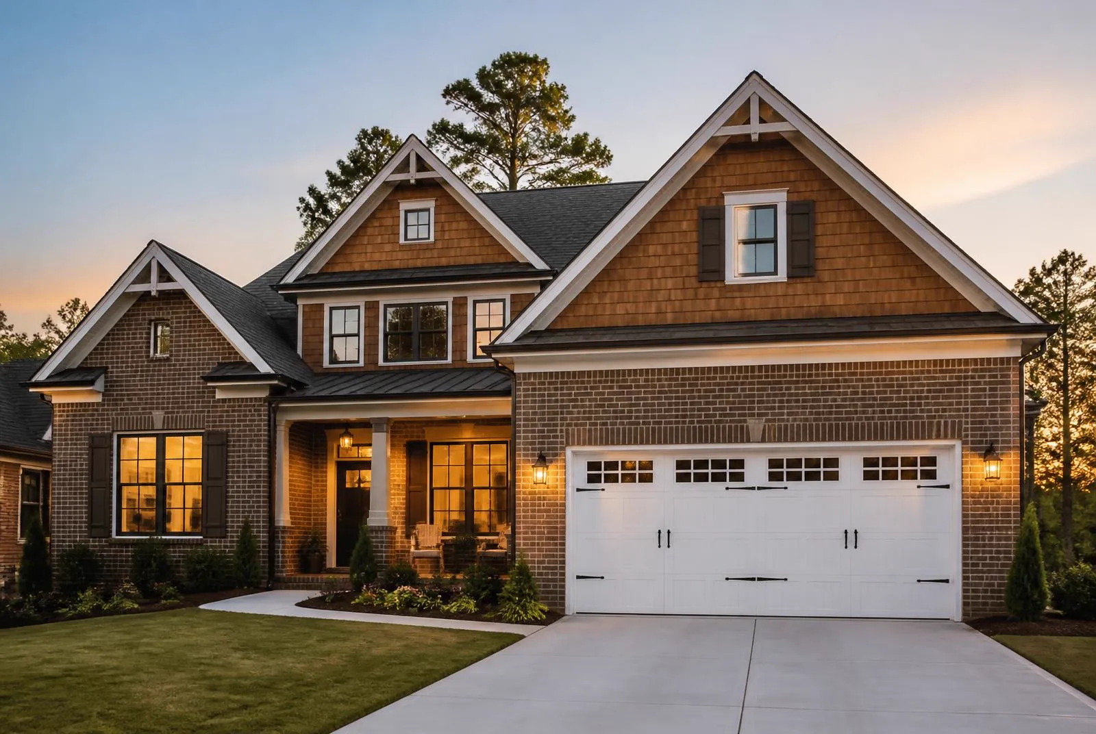 Craftsman-style North Atlanta home at dusk with a white double garage door