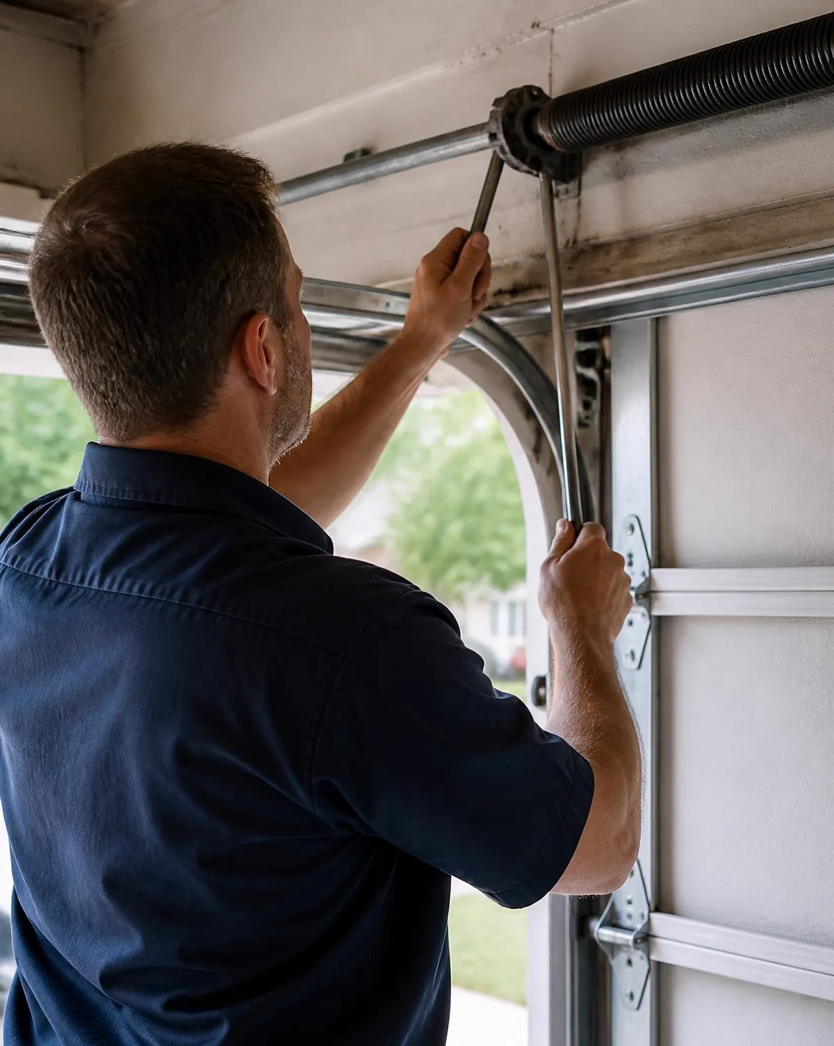 Technician adjusting a torsion spring above a residential garage door